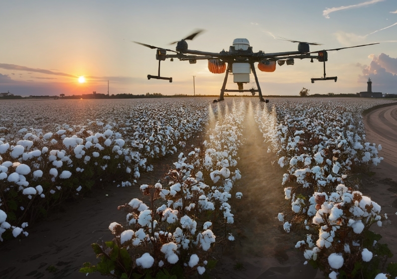 Drone hovers over cotton field