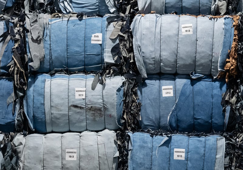 Piles of textile waste at Circulose in Sweden ready for processing into viscose and lyocell