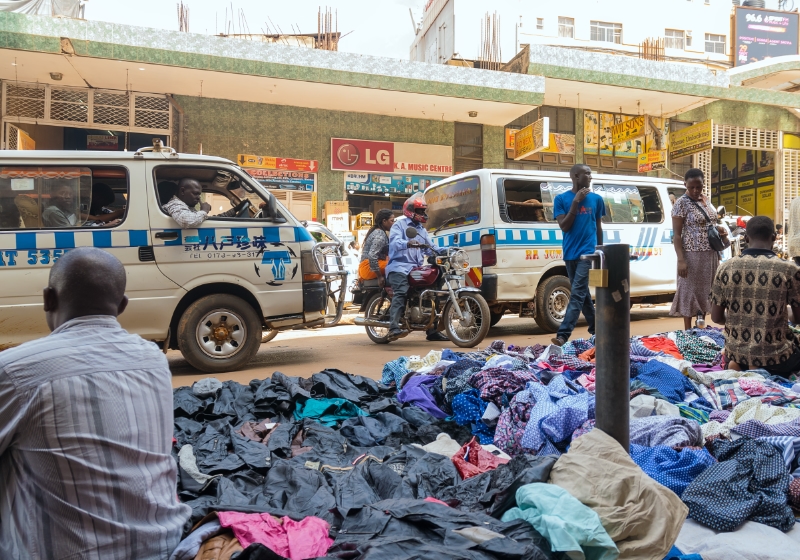 Street sellers hawk clothing on markets in Kampala, Uganda.