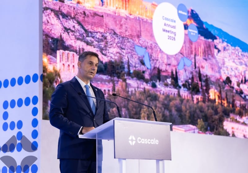 Greek deputy foreign minister speaking at the Cascale event in Athens.