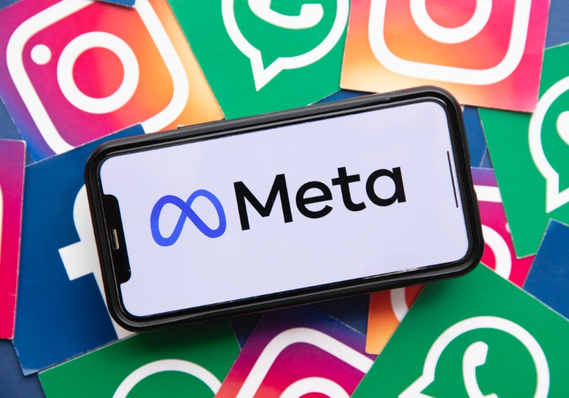 Meta logo surrounded by product brand logos.